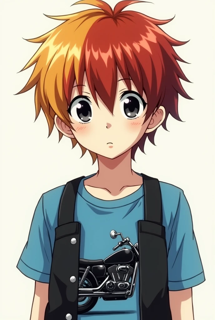 anime type boy with orange hair, with dull yellow and almost wine-colored red strands, which gives it a very striking and vibrant look. His skin is pale white, which contrasts with the intense color of her hair.

He wears a blue short-sleeved shirt, with a drawing of a motorcycle in black, which suggests that he likes motorcycles or is passionate about speed. About the shirt, He wears a black vest, which gives it a touch of style. His eyes are black and seem to have no expression on his face. 