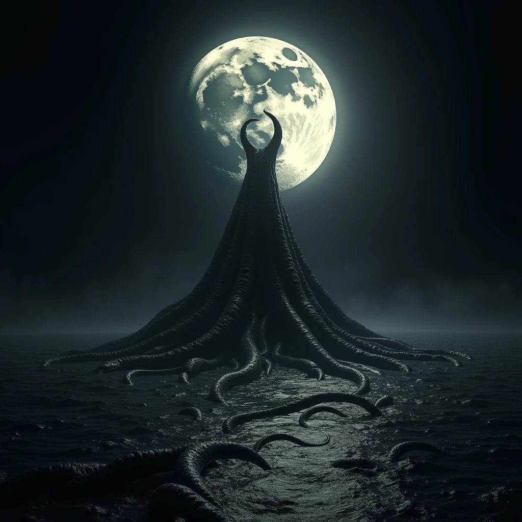 (photorealism), high definition huge full moon, the sea, tentacles, black background, lunar, crescent, ocean, sea, void, night, dark, very high definition huge moon, 1:1, full huge moon with crescent, black and white no gray, black background, no shiny moon, full moon, tentacles from below the sea, long tentacles, spread out tentacles 