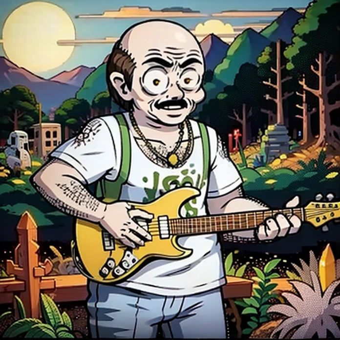 Carl Brutananadilewdki, looking at viewer, holding Electric Guitar, Graveyard, art by Kim Jung-Gi and John Patrick Green