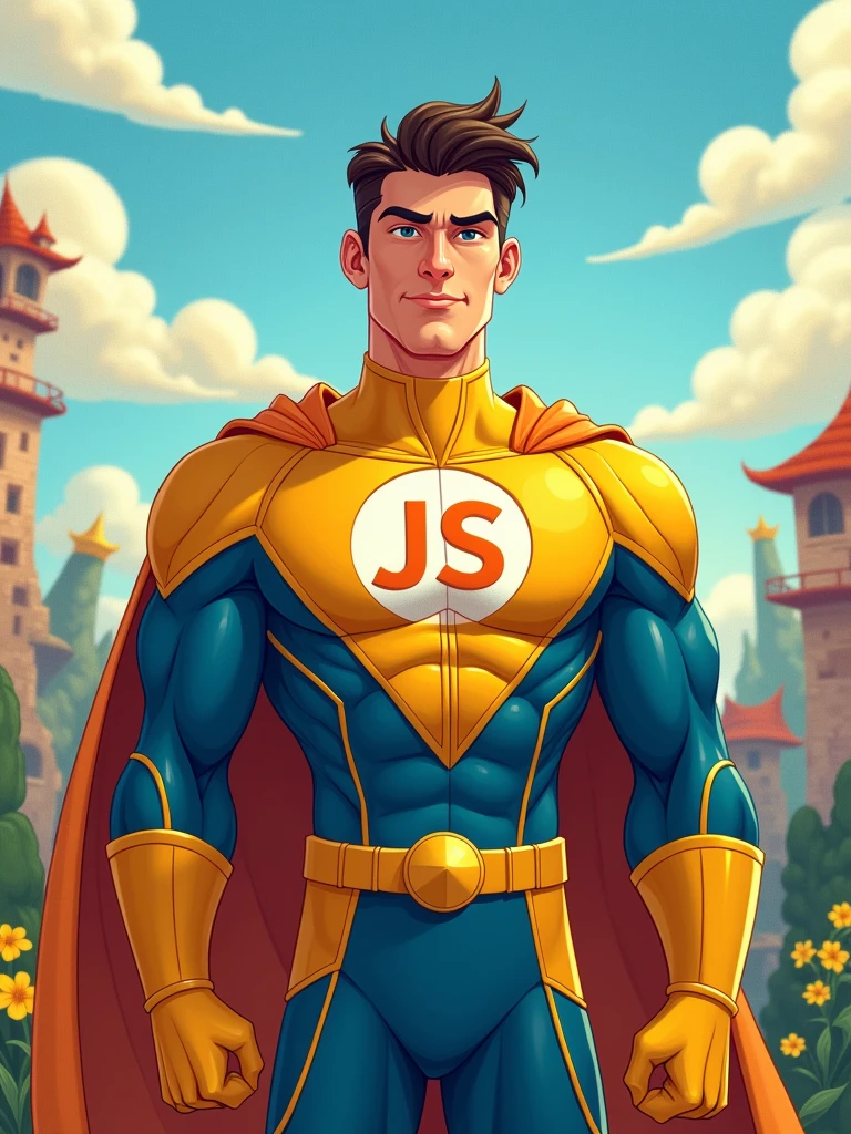 a javascript developer as super hero with letters "JS" on chest and yellow and blue colors in disney style