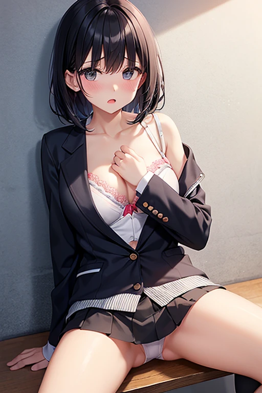 Remove your blazer, blouse, and bra up to your shoulders、Miniskirt、White underwear、Black hair straight、Shortcuts、Embarrassed、Hide your chest、Shoulder Bare、Blushing、Open your mouth、sit、Spread your legs、Leaning against a wall