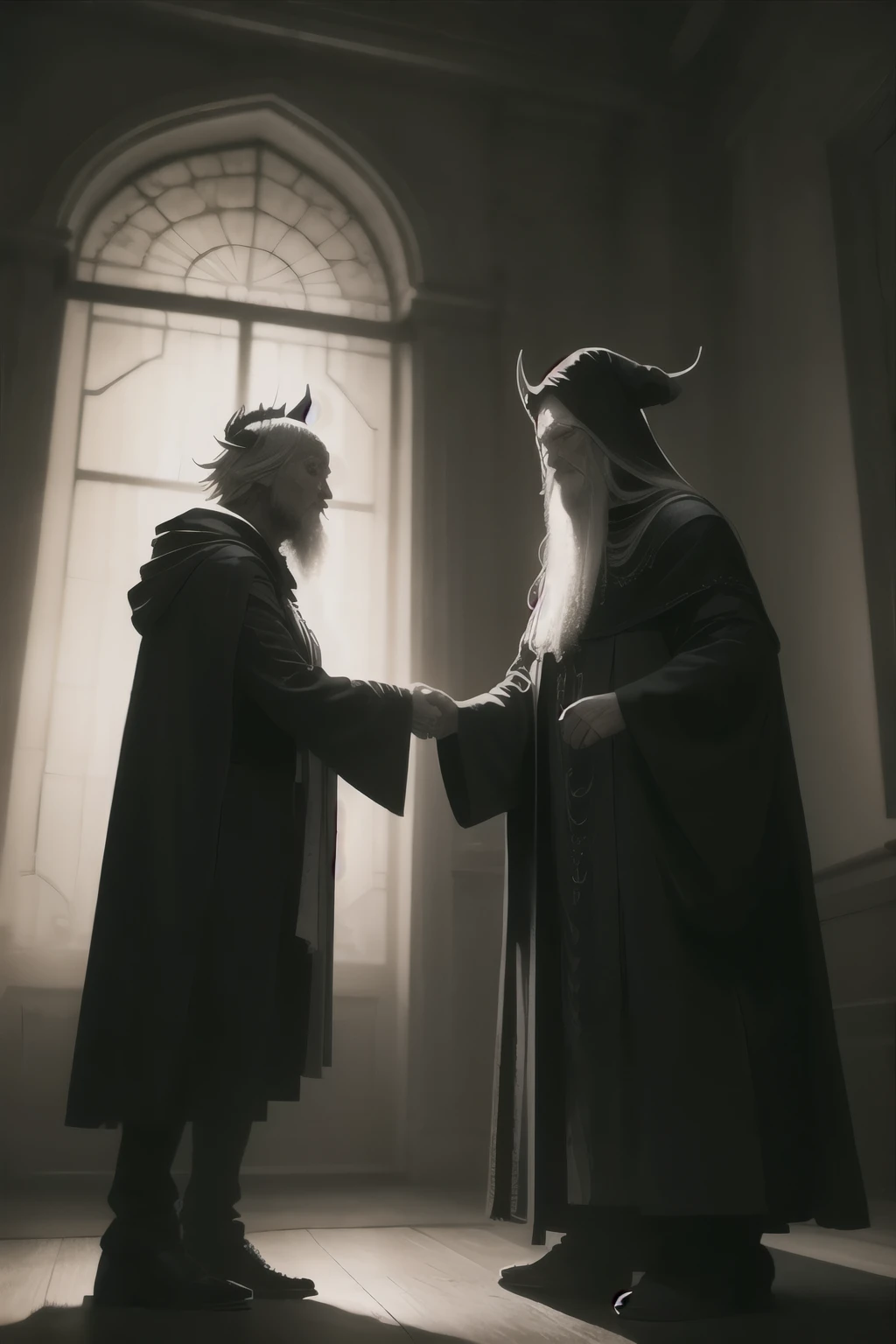 realistic, masterpiece, best quality, old wise wizard and satan shaking hands, moody lighting, glow, glowing, mysterious, mystical, magical, rim lighting