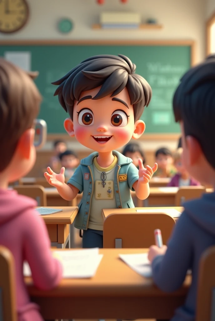 Cartoon character student boy is telling something in answering condition to teacher in examination hall 
