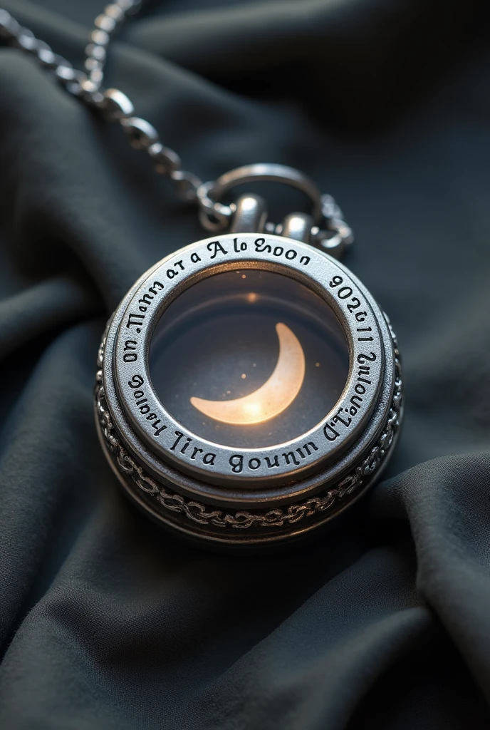 create a small silver reliquary in the shape of a circle, when we open this reliquary, it is possible to see a crescent moon, with the phrase “New Moon” written on top and a date on the bottom, all this in silver
