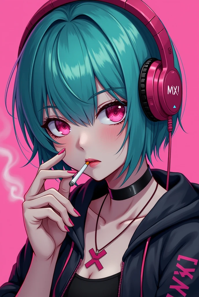 HD anime cyberpunk angry girl,  pink headphones, turquoise short hair, cigarette, pink eyes, MX text, five fingers