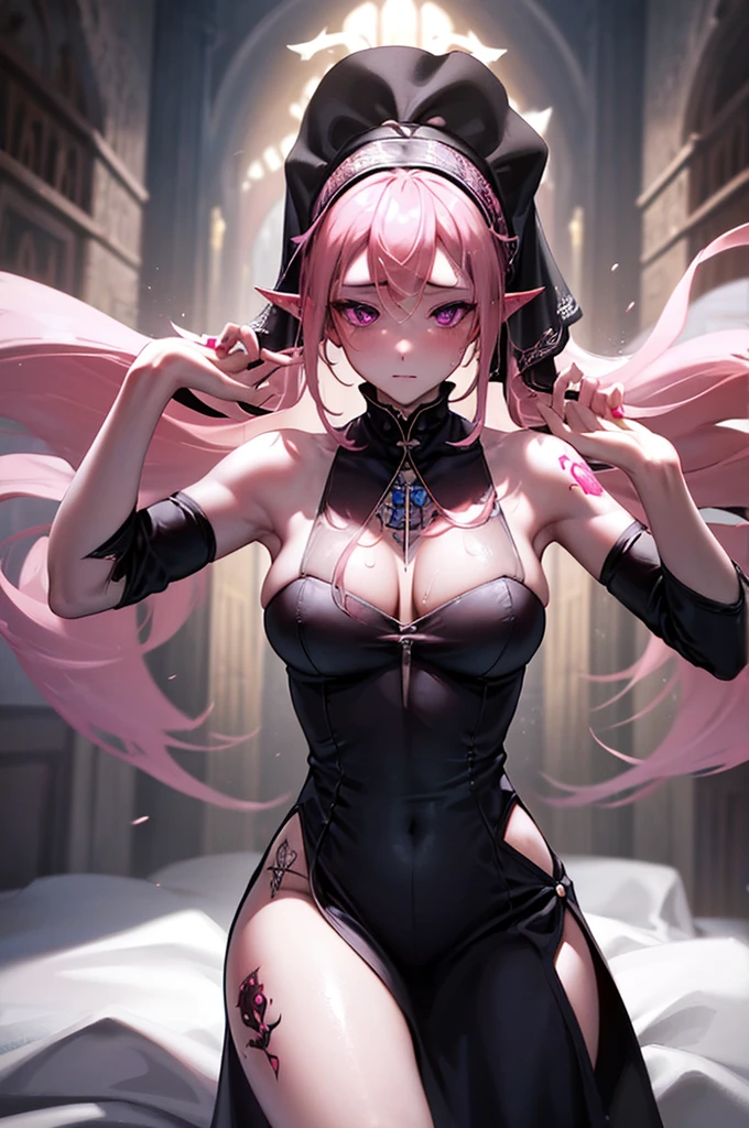 succubus nun, masterpieces, 16K, HD, corruption tattoo, Tighten nun dresses, sexy, scale up, perfect lightening, praying, blush, body covered by semen 80%, holy, corrupted in sex, pink hair, best eyes resolution, bare shoulder, clean public, high sexy pony tail, veils
