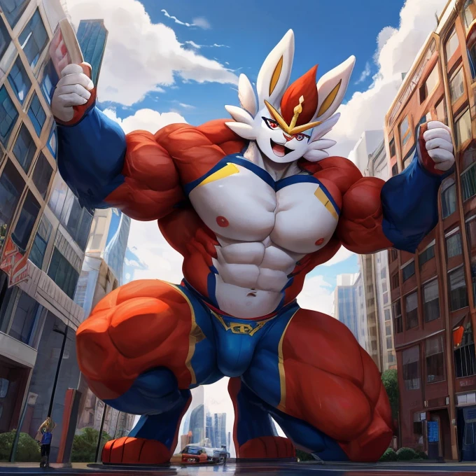 Macro growth cinderace (Pokémon) adult man,super muscular, in blue underwear without a shirt ,red blush doubles 2 boy (1 macro e 1 micro) towering over an urban landscape, kneeling on all fours while interacting with the buildings and streets below. The background shows a clear blue sky with some distant clouds and skyscrapers. The immense size contrasts dramatically with the comparatively small buildings and vehicles below .correct anatomy correct legs height full body detailed eyes detailed body detailed face detailed background