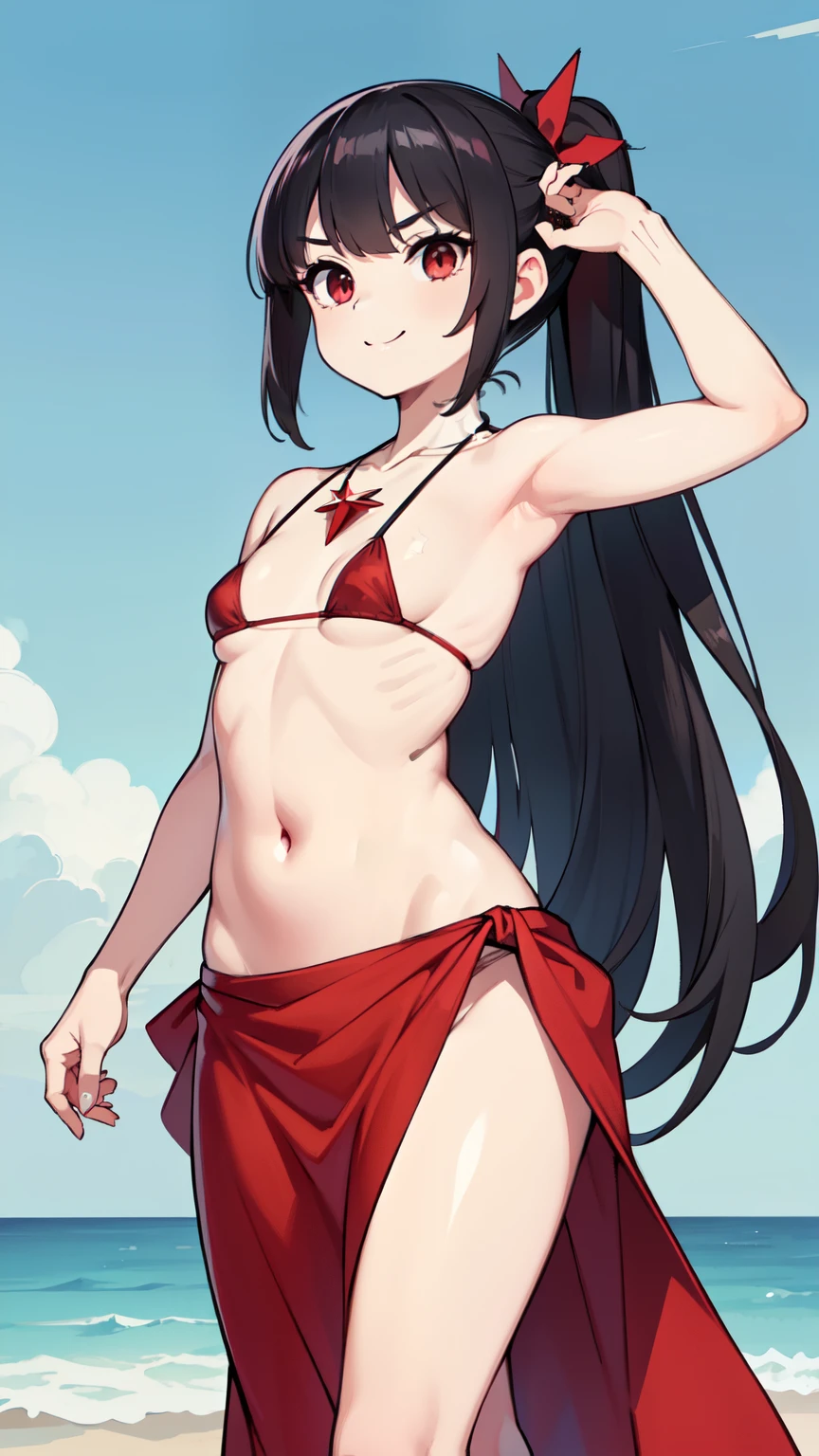 Score_9,score_8_up,score_7_up, source_cartoon, emo bangs, spike very long huge ponytail, black hair, red eyes, (pale skin), small breasts, flat chest, ((deep red bikini ruffled triangle, high cut bottom, star necklace, deep red sarong on hips)), masterpiece, looking at you, detailed face, big eyebrows, detailed eyes, detailed body, detailed hands, glistering body, shiny body, skinny, smile, uperbody, beach, clear sky, standing,