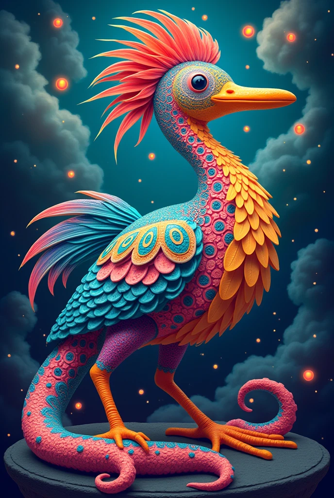 Make a drawing of an alebrije that combines a platypus,a heron and an octopus