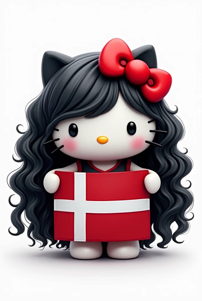 hello kitty with LONG black CURLY hair and bangs holding the flag of denmark white background