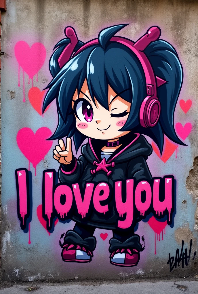 Make a graffiti that says I love you with a kuromi 