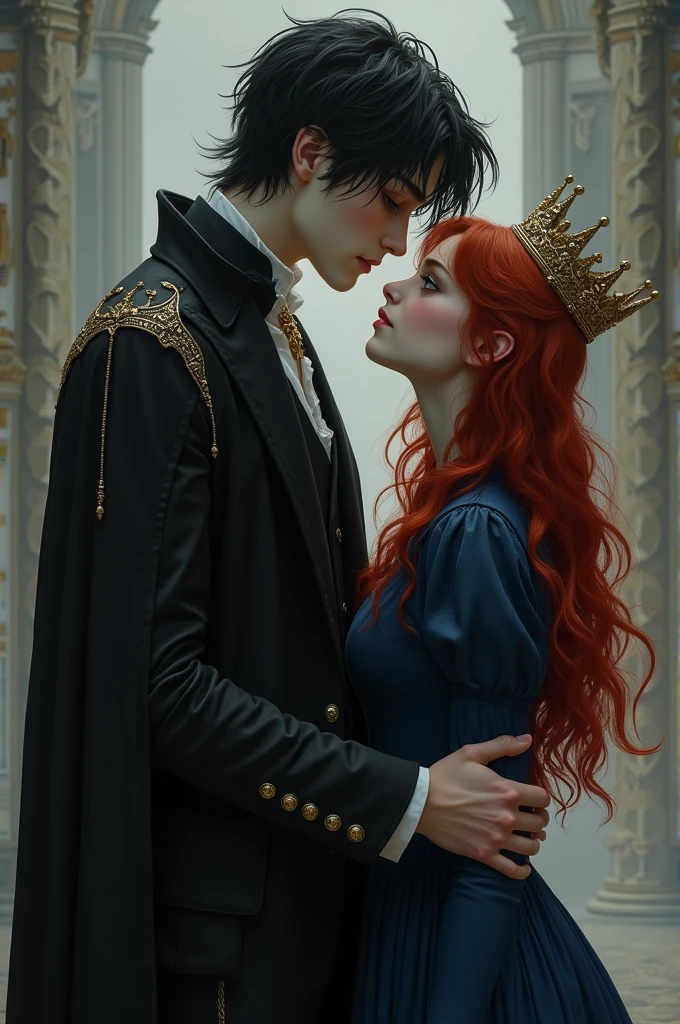 I want a picture of a tall vampire boy,pale,Without beard,dark eyed,with black and disheveled hair, wearing an all-black suit and crown, holding a human girl by the waist, redhead, brunette,short in stature,with a navy blue dress and crown Both with crowns She is 17 years old and he is 21