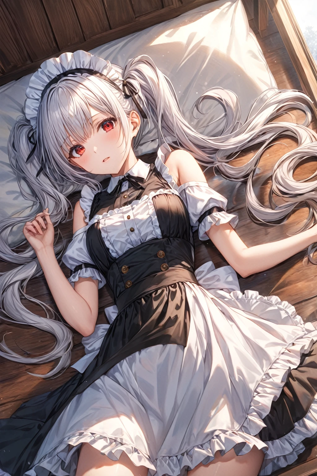 score_9, score_8_up, score_7_up, score_6_up, source_anime,4k,illustration,1girl,solo,White hair,twin tail,long hair,maid's outfit,cold shoulder,red eyes,lying on back, highly detailed,best quality,absurdres,detailed,HDR,natural light,