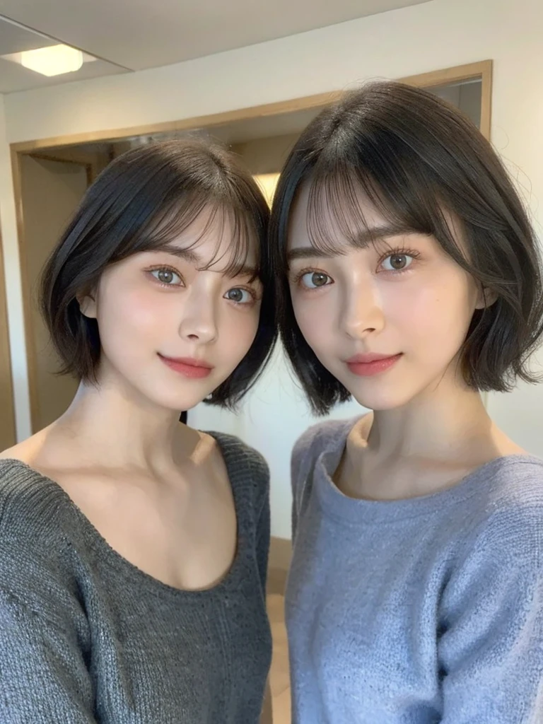 (masterpiece:1.3), (8k, Photoreal, Raw photo, best image quality: 1.4), Japanese high school girl、(random hairstyle:1.2)、cleavage:1.5、super detail face、eye for details、double eyelid、chest to chest、sharp focus:1.2、Beautiful woman:1.4、light brown hair、highest quality、masterpiece、超A high resolution、(Photoreal:1.4)、Highly detailed and professionally lit smiles、loose and light knitwear、shoulder out、thin、serious expression、short haired、deadly position
similar identical twins
All the girls have the exact same face, The two have the same face and figure, as if they were mirror images.