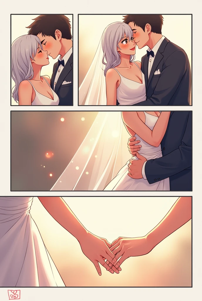 Anime style comic where a couple is getting married, The couple looks happy and peaceful, in the first box, a close-up view of the groom, In the second one a close-up of the bride, In the third of both of them seeing each other, In the fourth frame there is a kiss between the couple and in the last one the hands of both of them holding their wedding rings seen from a close-up..