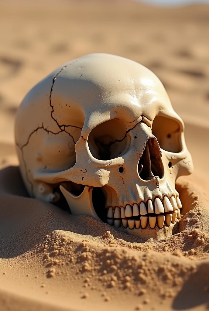 A human skull partially buried in sand, with soft shadows and detailed textures, the desert background adding to the realism and mood of the image
