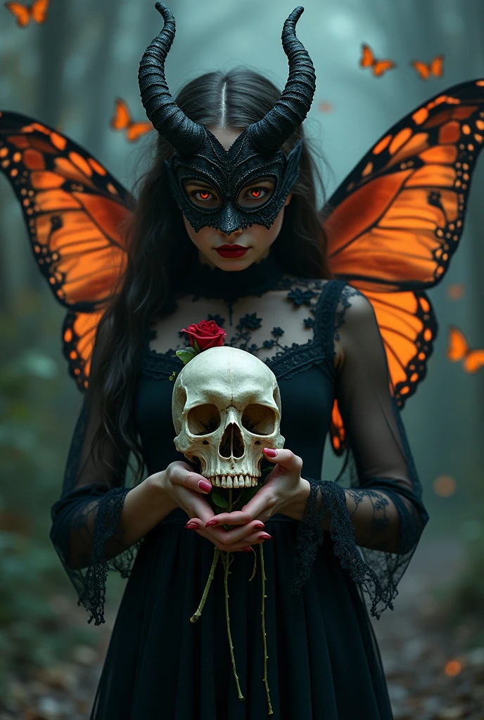 In a gothic art style, depict a  wearing a mask. She is wearing a lace long dress and holding a skull bone in her hands. The atmosphere is eerie and terrifying, with burning butterflies flying around. There is also a thorn-covered rose nearby. The girl has an angelic yet devilish appearance, with detailed eyes and lips. The lighting should be dim and mysterious. The image should be of the best quality, with ultra-detailed and photorealistic details, vivid colors, and a touch of bokeh.