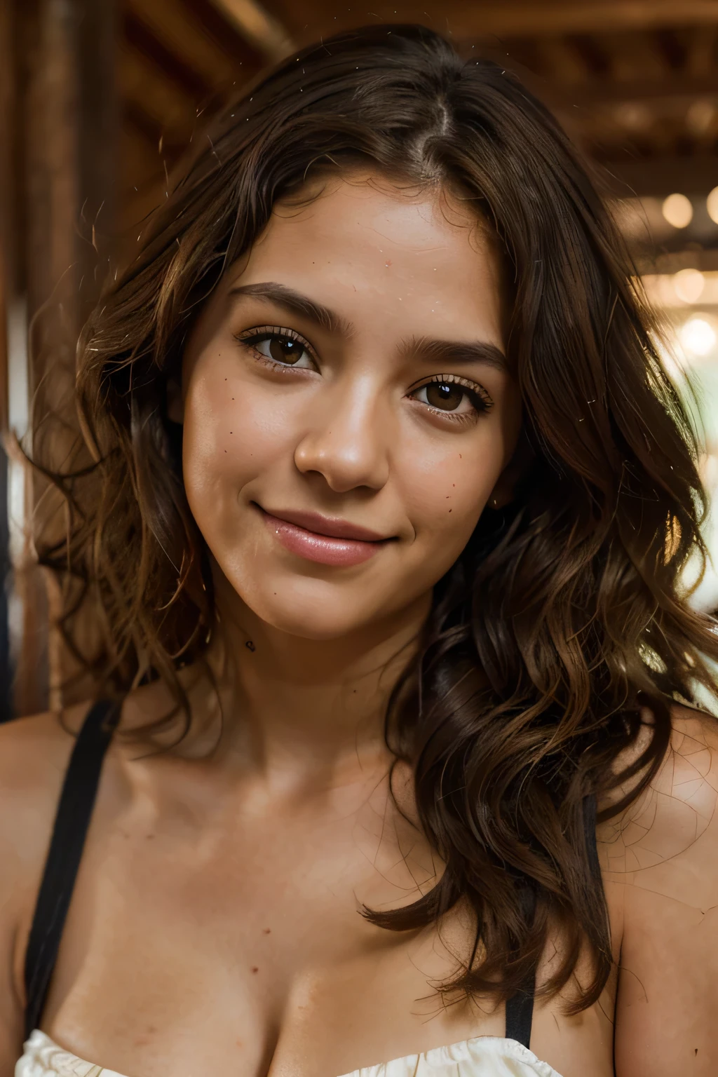brown haired girl, latin american, wavy curly hair, soft green eyes, wearing a , at a fotoshooting set, working as a model, who just gets fotografed by a fotografer, some people around, background is a FOTOSHOOTING SET WITH PEOPLE, photorealistic style, high contrast light, maximum detail, cinematographic image, maximum detail, professional lighting, Sony A7III camera, 50mm 1. 8 lens, curly hair, brown hair, smile, close-up, cinematic lighting, textured skin, 8k, masterpiece, anatomically correct, textured skin, 16k