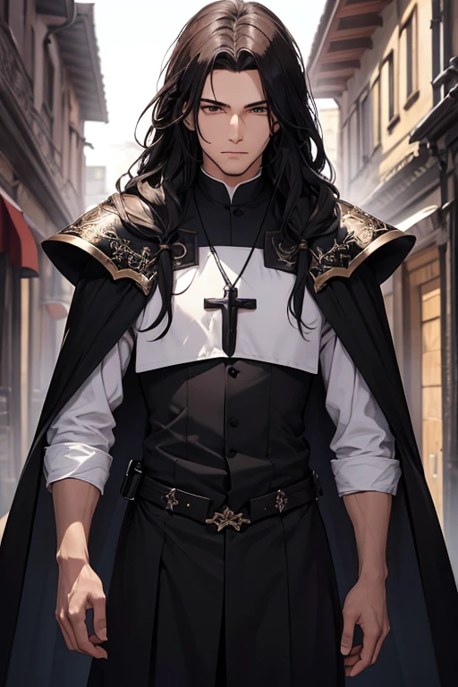 best qualityer, work of art, ultra-high resolution, white background, realisitic, hades style, picture of a 30 year old priest in the village, long black hair, eyes browns, Healer Priest Armor, cape, Depth of field