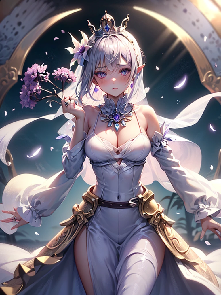 Emilia princess from Re:Zero kara Hajimeru Isekai Seikatsu, mighty half elf, ((gorgeous white and purple elegant silk wedding dress, holding a bunch of clematis, silk accesory, veil, silver necklace, diamond ring, flower earring, belt, collar, silver crown, silk long sleeves)), grace hair style, garden background, ((perfect body shape, medium breast, empress and forzen aura, flower and feather flying effect, clean detailed skin, silver and light purple pupil, blush)), best quality anime 16k wallpaper quality, extreme eye and body detail, spiral energetic girl, spirit around, high resolution , masterpieces, ultra lighting, starlight, close-up, creative, radiant, scale up