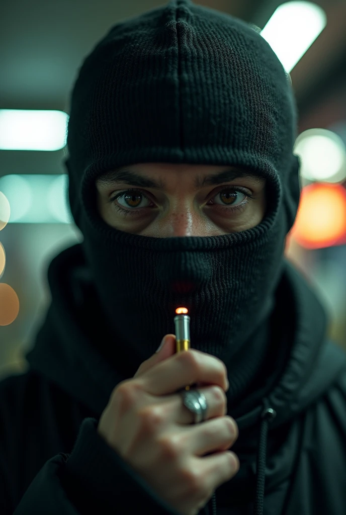 Man with balaclava and brown eyes smoking an electronic cigarette at a gas station