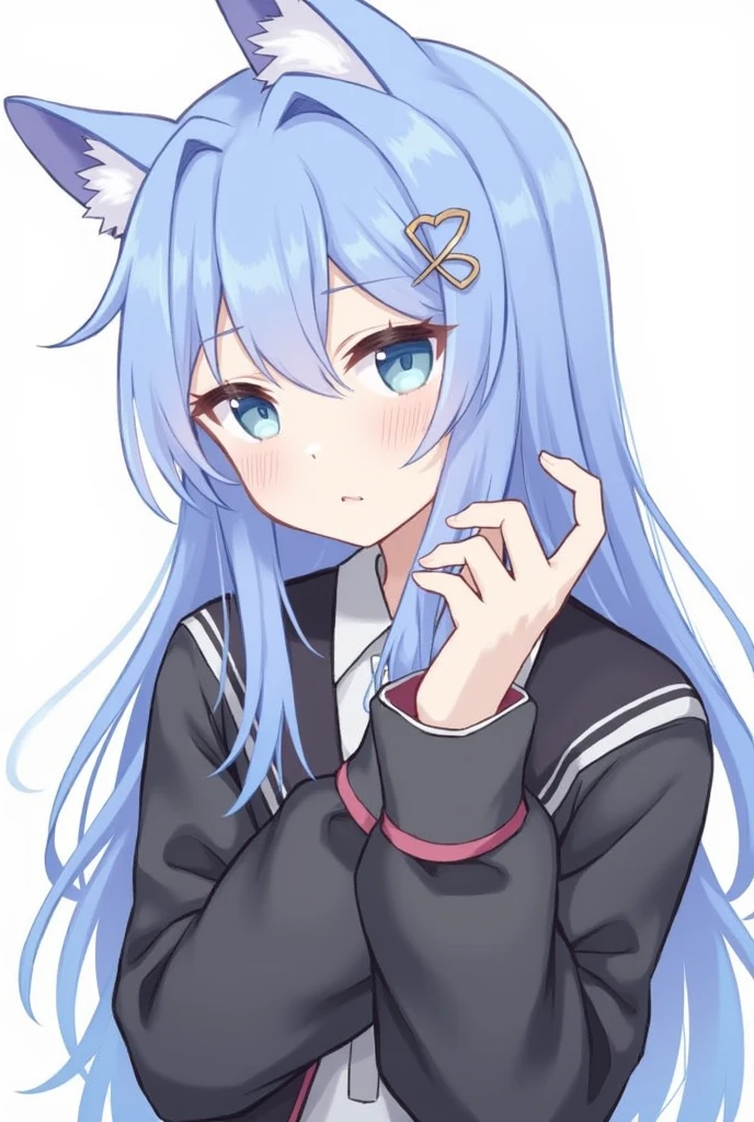 One girl, Animal ears, blue eyes, Long Hair, Blue Hair, Long sleeve, bangs, Cat ear, Upper Body, Focus Only, hair ornaments, Sleeves are longer than the wrist, blush, White Background, collared shirt, Simple Background, shirt, View your viewers, Jacket, black Jacket, One side up, Hair between the eyes, Slope, ;3, Slope background, Blue background,Fool