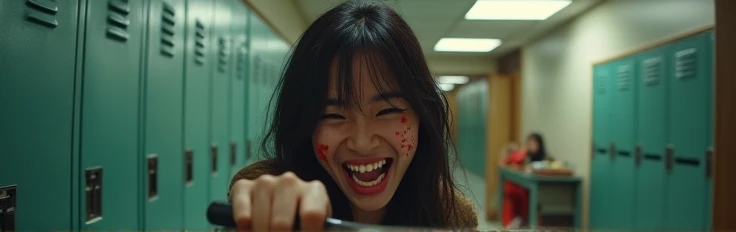 Angry Asian girl laughing with a knife in her hand and blood on her face at school