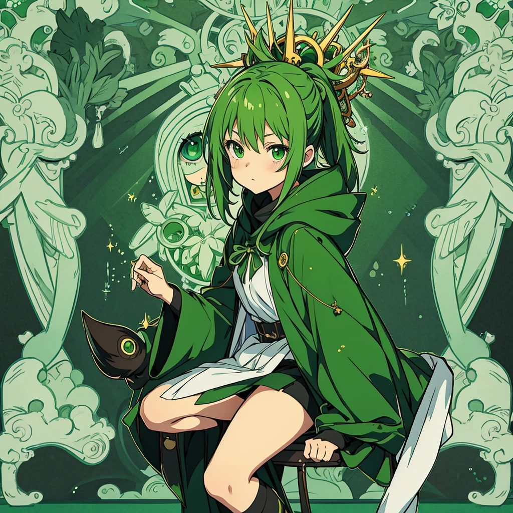 greenish-yellow hair，Yellow-green pupils，Green and yellow white clothes are decorated with gold and silver ornaments，She is a natural cute girl