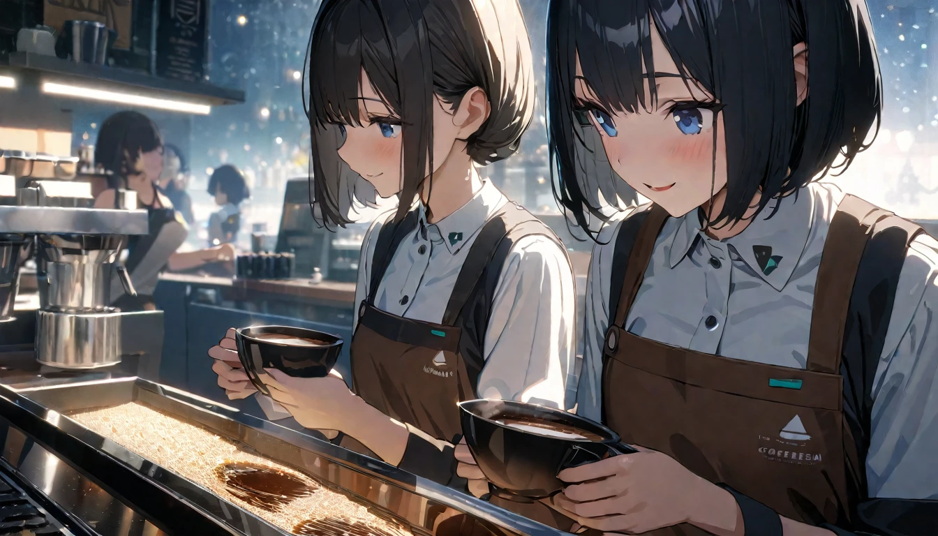 ((ultra-detailed))/three women: (one women with short black hair and bob hair.、beautiful blue eyes,.、smile、gentle smile on her face、flat chest, one Beautiful girl,((masterpiece, illustration, best quality) ((ultra-detailed))/),a girl wearing a barista uniform in a cute coffeeshop while making coffee ,濃い青とBeautiful Blueのグラデーション, High resolution, 8K HD detail, hyper-detail, cinematic, surrealism, soft light, deep field focus bokeh, ray tracing and surrealism. --v6