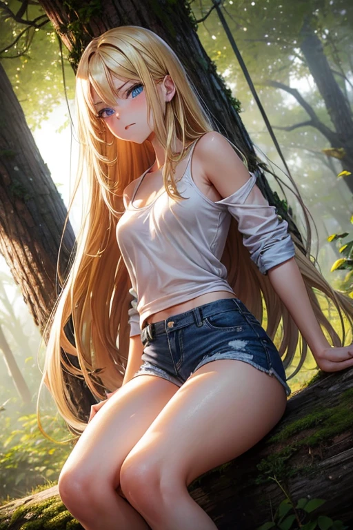 Draw a blonde with long hair down to her waist, beautiful blue eyes, very beautiful and delicious. She is wearing only a short denim jacket and is naked from the waist down exposing her wet pussy.. Walking in the woods on a late afternoon with a reddish sky. Front view from bottom to top, hair in the wind, Serious facial expression. hot pussy, hot thighs. Beautiful and sexy character. Hottie with sexy body showing her pussy. Hot, big, perfect pussy, very sexy and cheeky. with your hands on her pussy. view from bottom to top. Front facing position sitting on a tree trunk with legs spread apart. Front view running your hand over your delicious pussy. small and perky breasts. Legs completely open showing wet pussy.