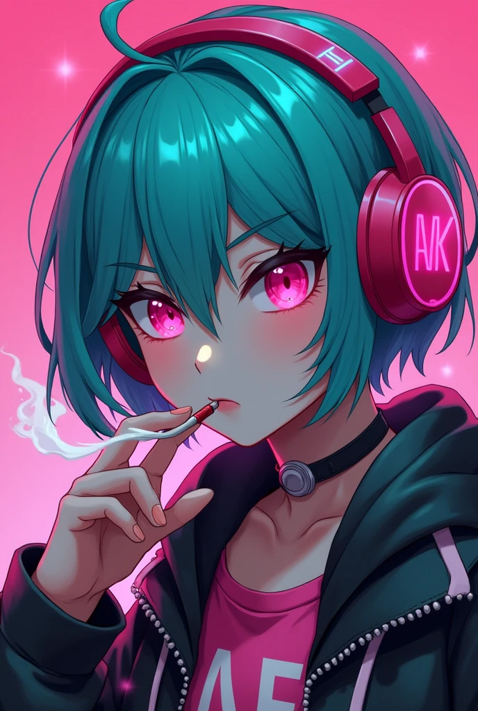 HD anime cyberpunk angry girl,  pink headphones, turquoise short hair, cigarette, pink eyes, MX text, five fingers