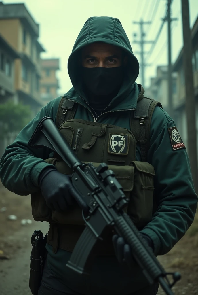 Make a picture of a PF agent holding a gun, In the background there is a Brazilian post-apocalyptic scene, it has an air of mystery and it transmits fear., He looks directly at the viewer 