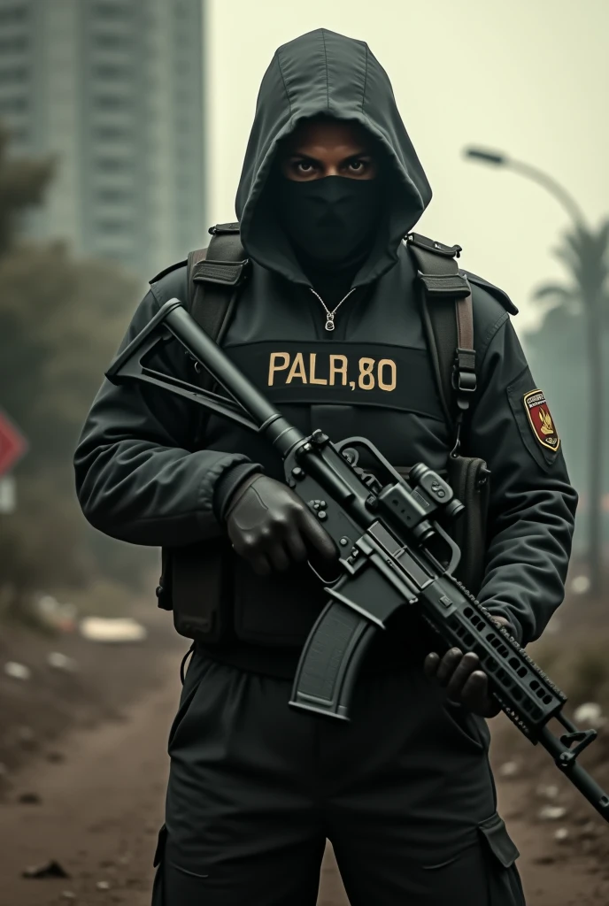 Make a picture of a PF agent holding a gun, In the background there is a Brazilian post-apocalyptic scene, it has an air of mystery and it transmits fear., He looks directly at the viewer