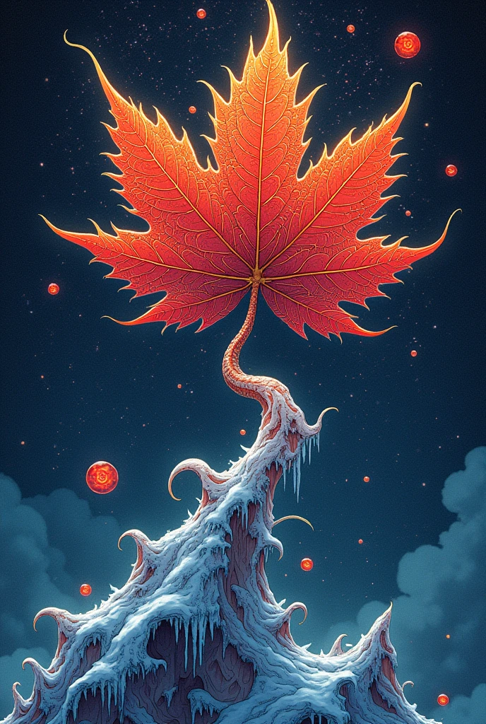 absurd, high resolution, super detailed, official art, unified 8k wallpaper, super detailed, beautiful and aesthetic, masterpiece, best quality, (zentangle, maple leaf, tangled, entangled), (fractal art: 1.3), realistic, (masterpiece, top quality, best quality, official art, beauty and aesthetics: 1.2), very detailed, fractal art, colorful, most detailed, zentangle, (abstract background: 1.5) (1boy: 1.3), gods, (glowing red eyes), mysterious, (magic), (sitting on top of the giant Lycoris radiata), ice and snow