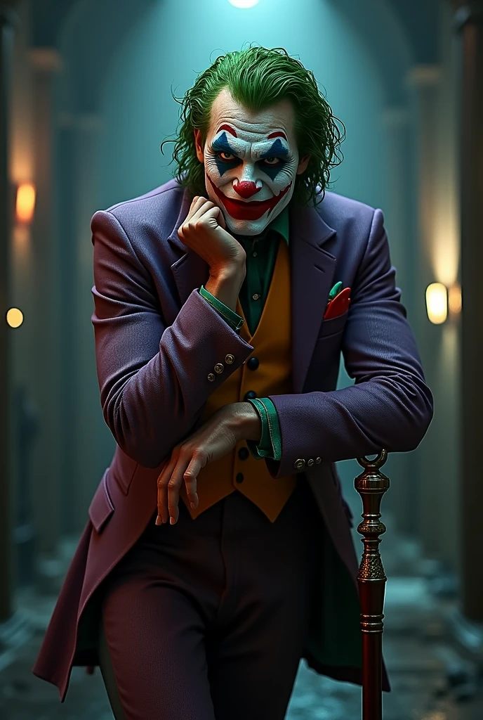Surprised Joker leaning on a cane