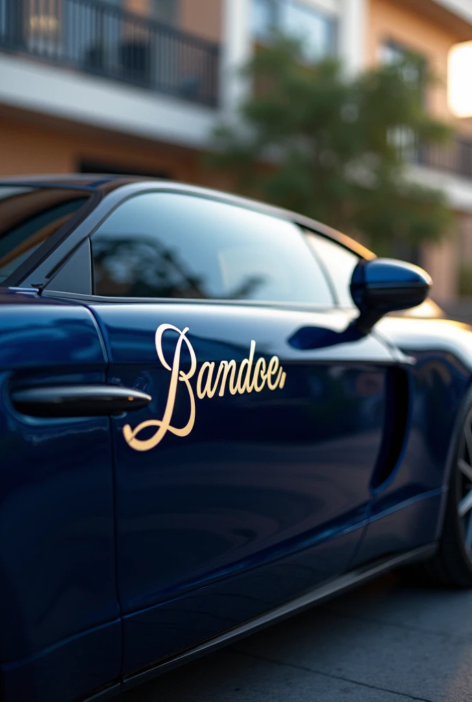 A navy blue luxury car with Celine Carter written on the door in old cursive and medium-sized