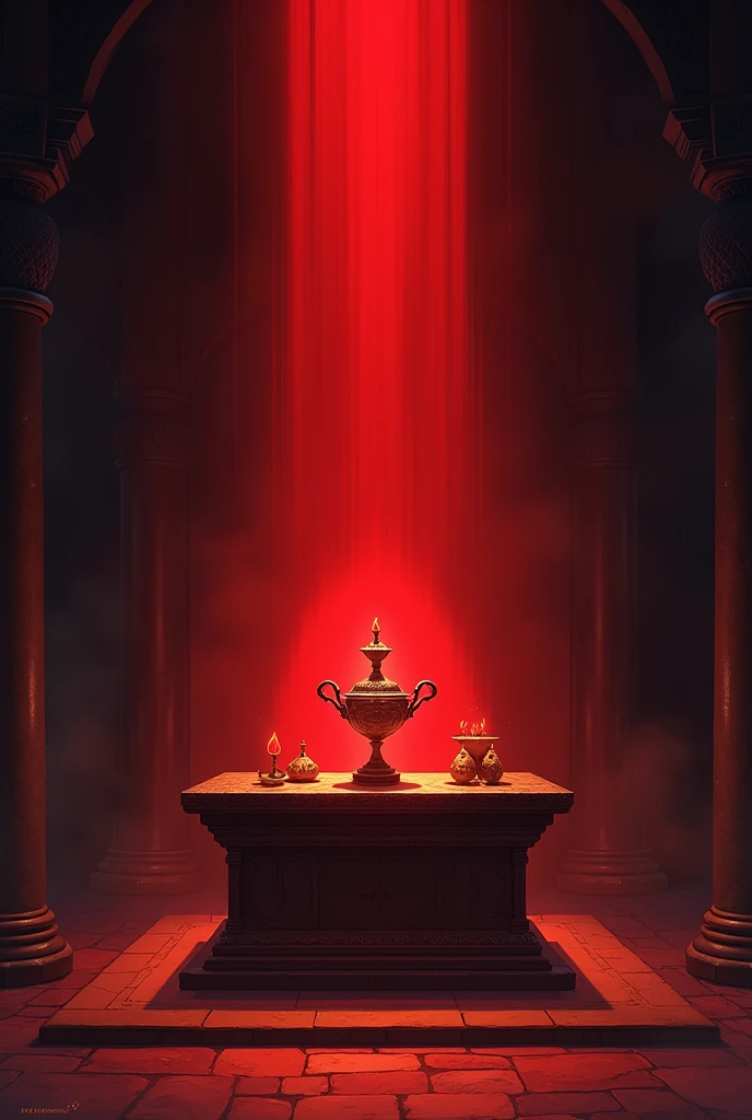 An illustration of a lamp giving off a red light illuminating an altar