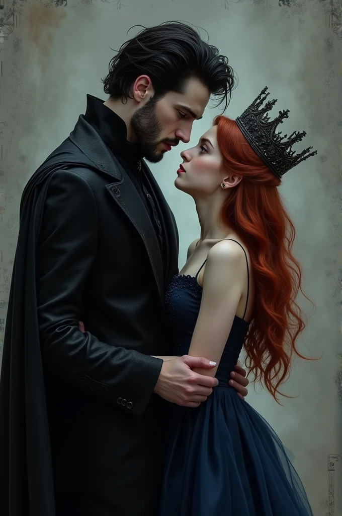 I want a picture of a tall vampire boy,pale,Without beard,dark eyed,with black and disheveled hair, wearing a completely black suit and black crown,holding a human girl by the waist, redhead, brunette,short in stature,with a navy blue dress and crown She is and he is 21
