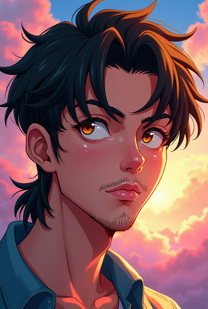 16 year old light skinned male, brown mullet haircut and big light brown eyes. Round nose with mustache and beard on chin. anime style.