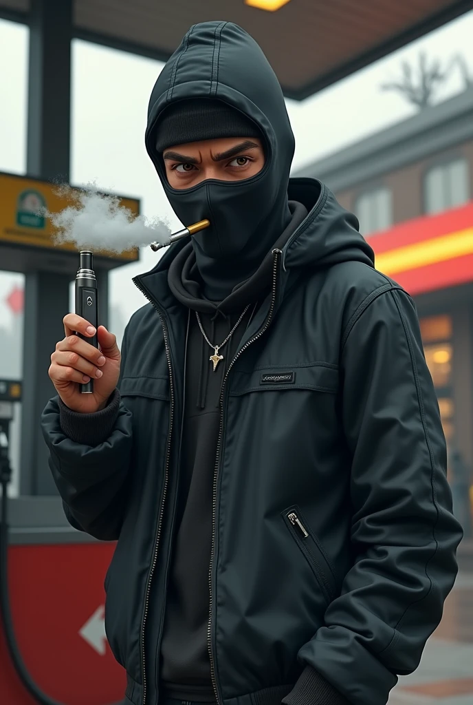 Animated man with balaclava with brown eyes smoking an electronic cigarette at a gas station and seen full body with a trapper pose