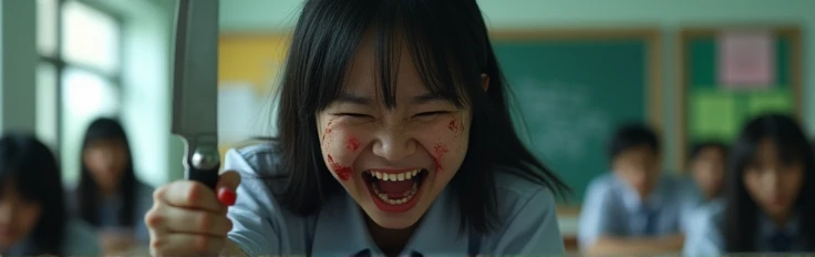 Angry Asian girl laughing with a knife in her hand and blood on her face at school