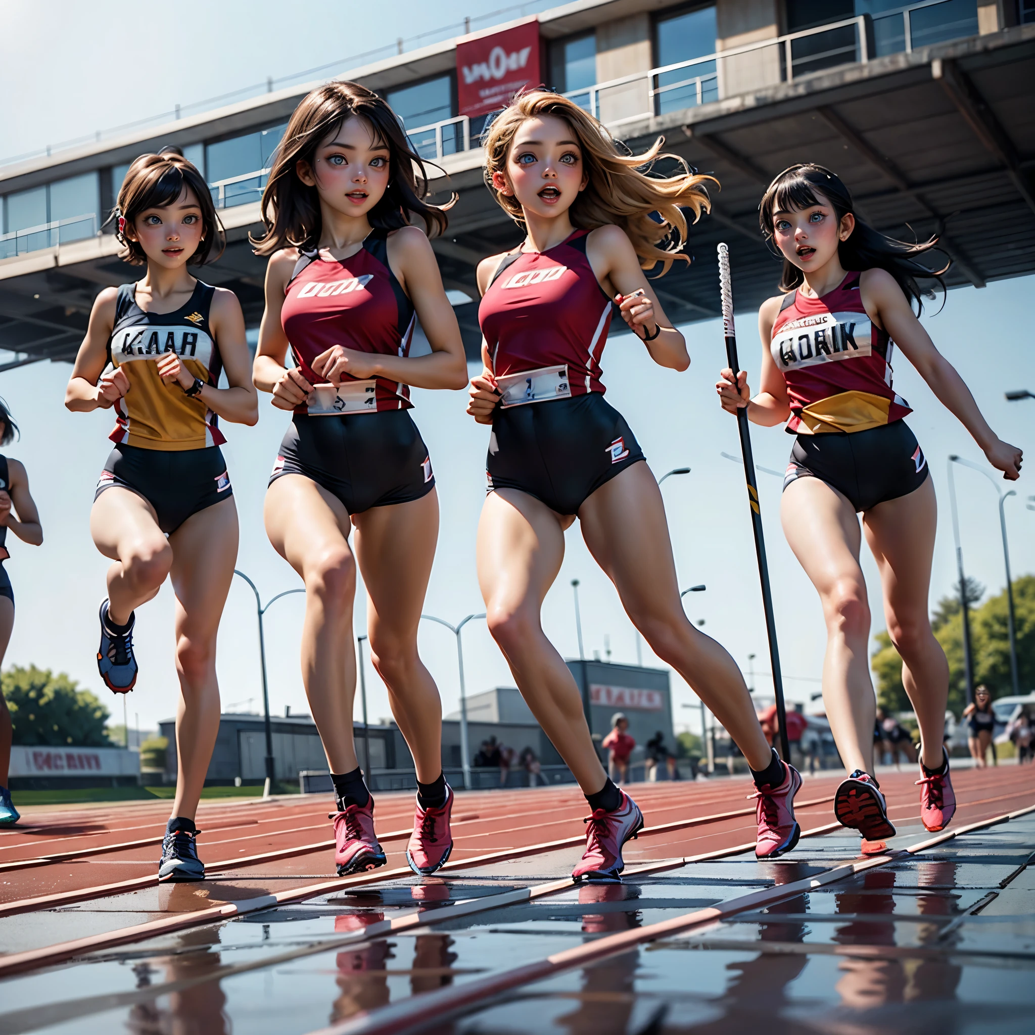 ExtremelyDetailed (((Sprint Relay Team Girls in a row:1.4))), Childish perfect face, Reflective Eyes, Detailed(Delicate Clothing textures), Corrected Leg to Foot Line, Corrected Perfect Hand, Dynamic Joyful Expressions LifeLike Rendering, ((Specular Reflection:1.28)), TopQuality 8K Ultra-detailed masterpiece (ProfessionalPhoto:1.37)(Acutance:0.8),(Luminism:1.22), ((Changing Clothes Exposed Underwear))