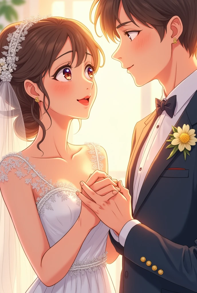 Anime style comic where a couple is getting married, The couple looks happy and peaceful, in the first box, a close-up view of the groom, In the second one a close-up of the bride, In the third of both of them seeing each other, In the fourth frame there is a kiss between the couple and in the last one the hands of both of them holding their wedding rings seen from a close-up..