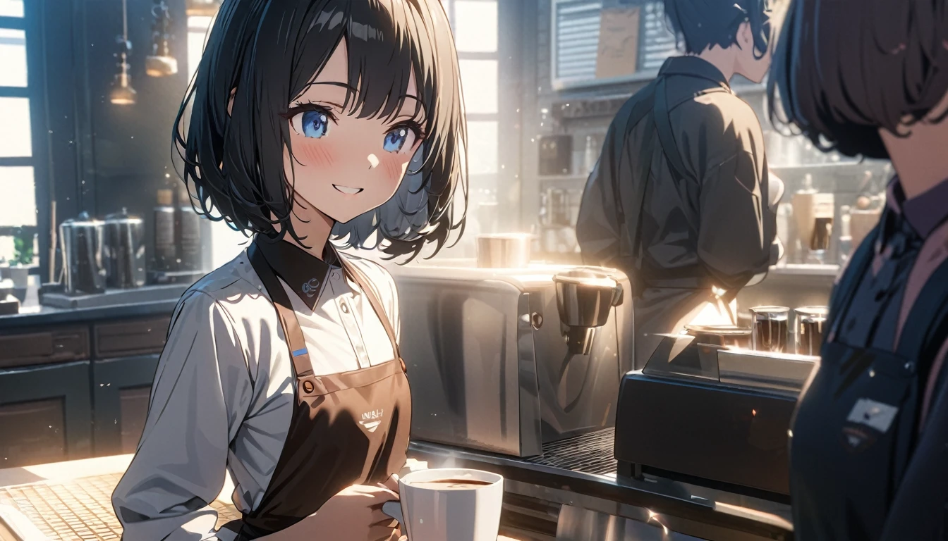 ((ultra-detailed))/three women: (one women with short black hair and bob hair.、beautiful blue eyes,.、smile、gentle smile on her face、flat chest, one Beautiful girl,((masterpiece, illustration, best quality) ((ultra-detailed))/),a girl wearing a barista uniform in a cute coffeeshop while making coffee ,濃い青とBeautiful Blueのグラデーション, High resolution, 8K HD detail, hyper-detail, cinematic, surrealism, soft light, deep field focus bokeh, ray tracing and surrealism. --v6