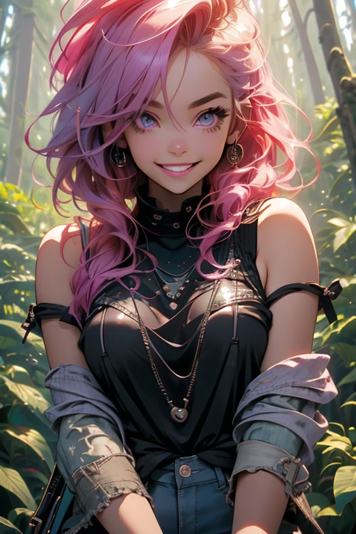 Perfect face. Perfect hands. A pink haired woman with violet eyes and an hourglass figure in a black lace tank top and ripped jeans is walking through the forest with a big smile
