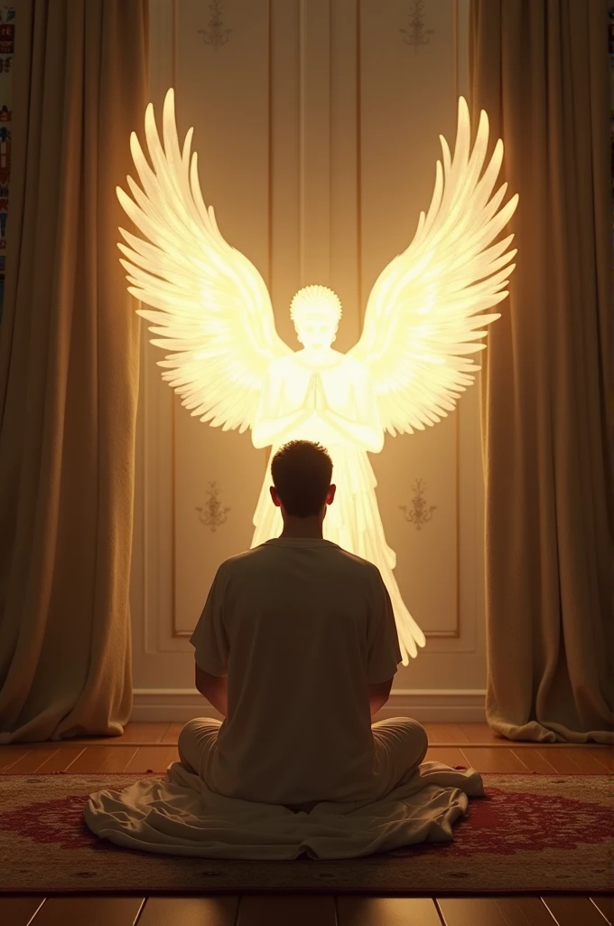 Man praying on his knees in his room and two angels by his side, one angel on the left side and one on the right side