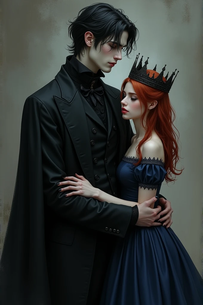 I want a picture of a tall vampire boy,pale,Without beard,dark eyed,with black and disheveled hair, wearing a completely black suit and black crown,holding a human girl by the waist, redhead, brunette,short in stature,with a navy blue dress and crown She is and he is 21