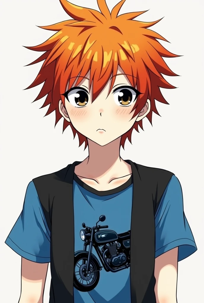 anime type boy with messy orange hair, with dull yellow and almost wine-colored red strands, which gives it a very striking and vibrant look. His skin is pale white, which contrasts with the intense color of her hair.
He wears a blue shirt with short black sleeves with a black drawing of a motorcycle., which suggests that he likes motorcycles or is passionate about speed. About the shirt, He wears a black vest, which gives it a touch of style. His eyes are black and seem to have no expression on his face.