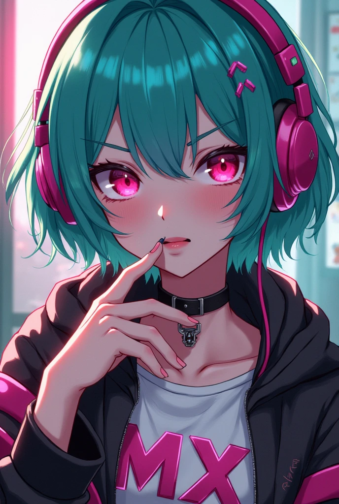 anime cyberpunk angry girl, pink headphones, turquoise short hair, cigarette, pink eyes, MX text, five fingers