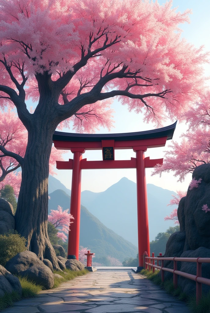 A torii gate with a Sakura tree in the middle on a mountain